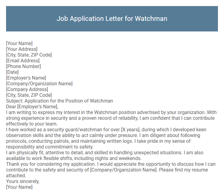 Job Application Letter for Watchman