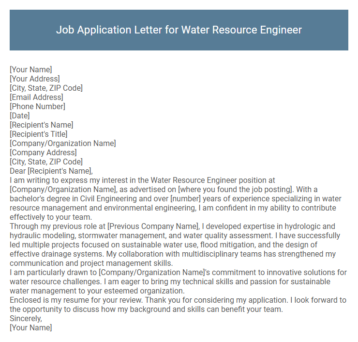 Job Application Letter for Water Resource Engineer
