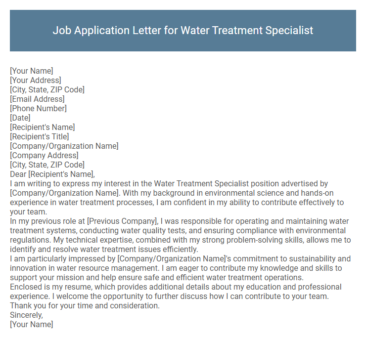 Job Application Letter for Water Treatment Specialist