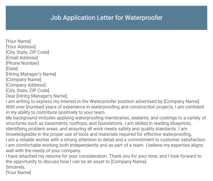 Job Application Letter for Waterproofer