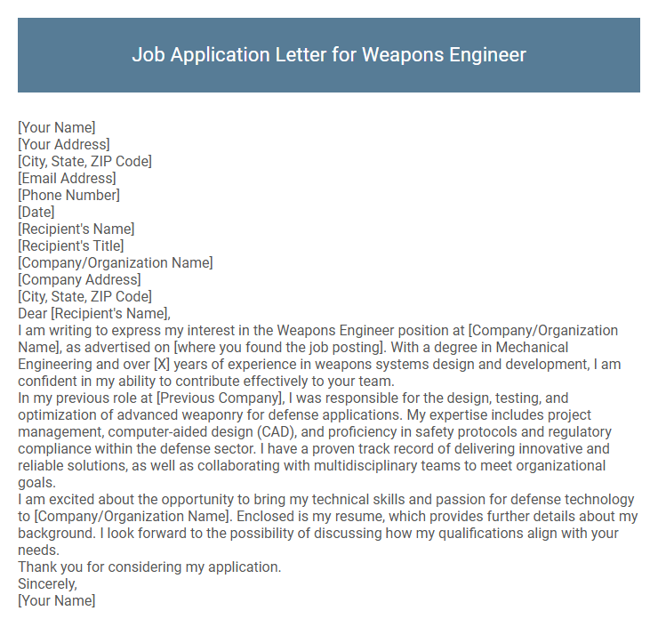 Job Application Letter for Weapons Engineer