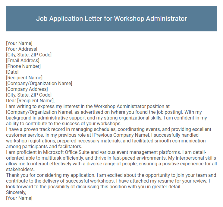 Job Application Letter for Workshop Administrator