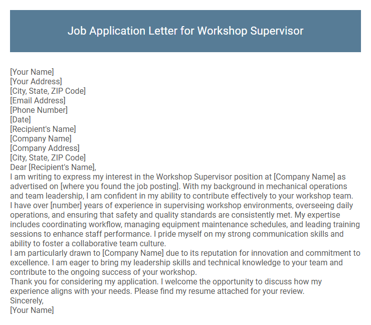 Job Application Letter for Workshop Supervisor